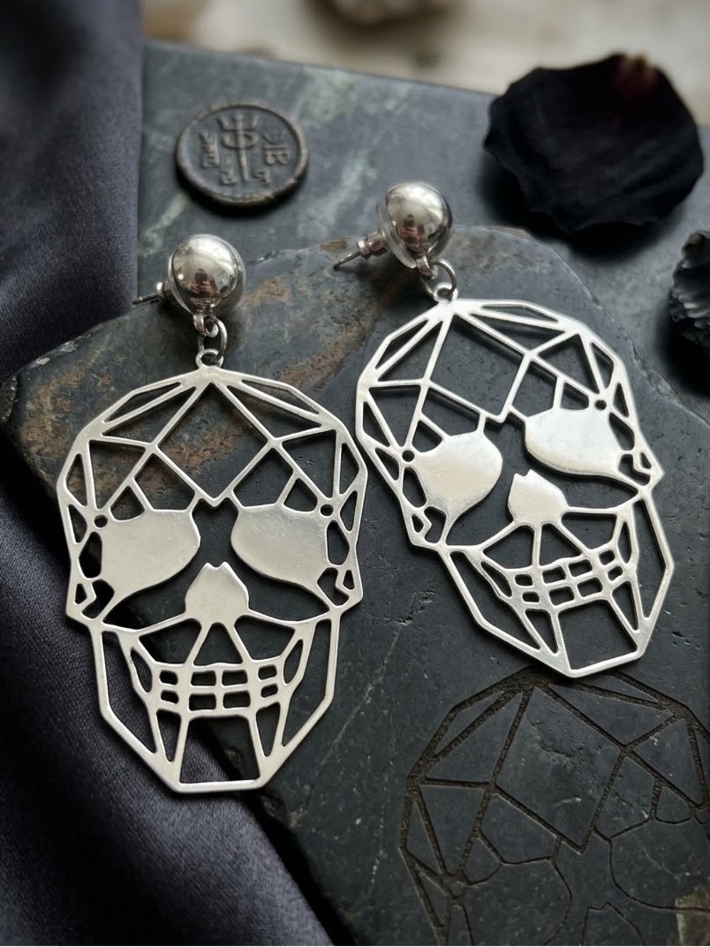 Silver Geometric Skull Drop Earrings